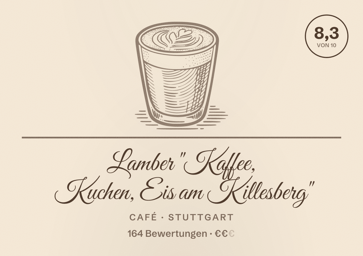 Illustriertes Poster von Lamber "Kaffee, Kuchen, Eis am Killesberg", Café in Stuttgart: Bewertung 8,3 von 10 aus 164 Bewertungen, Preisniveau €€