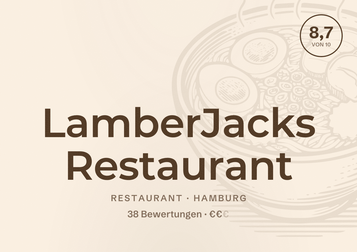 Illustriertes Poster von LamberJacks Restaurant, Restaurant in Hamburg: Bewertung 8,7 von 10 aus 38 Bewertungen, Preisniveau €€