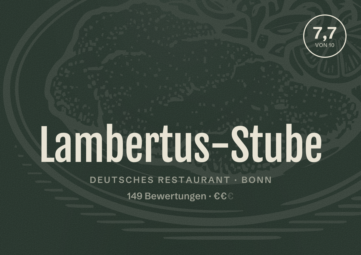Illustriertes Poster von Lambertus-Stube, Deutsches Restaurant in Bonn: Bewertung 7,7 von 10 aus 149 Bewertungen, Preisniveau €€