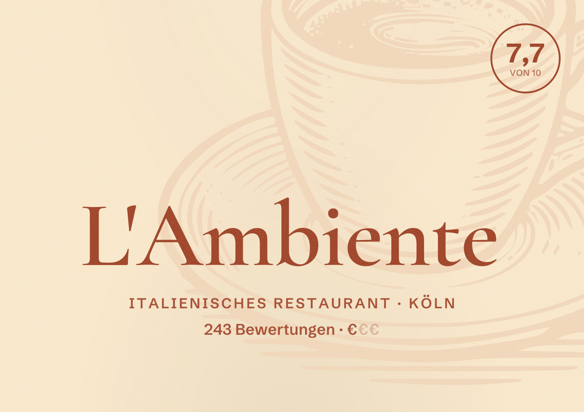 Illustriertes Poster von L'Ambiente, Italienisches Restaurant in Köln: Bewertung 7,7 von 10 aus 243 Bewertungen, Preisniveau €