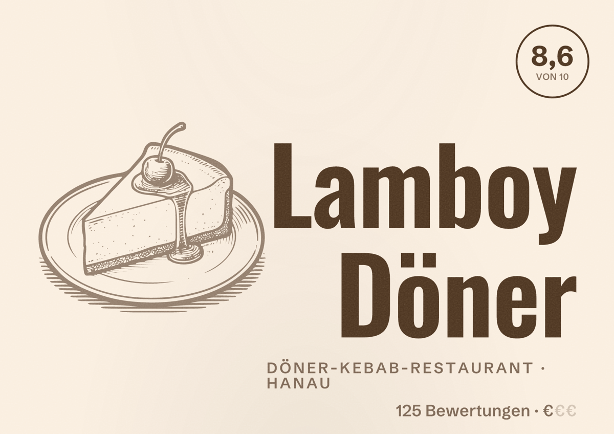 Illustriertes Poster von Lamboy Döner, Döner-Kebab-Restaurant in Hanau: Bewertung 8,6 von 10 aus 125 Bewertungen, Preisniveau €