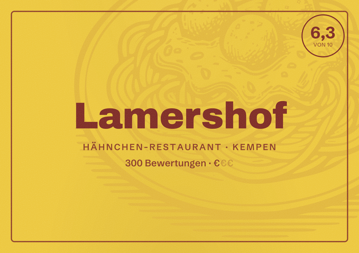 Illustriertes Poster von Lamershof, Hähnchen-Restaurant in Kempen: Bewertung 6,3 von 10 aus 300 Bewertungen, Preisniveau €