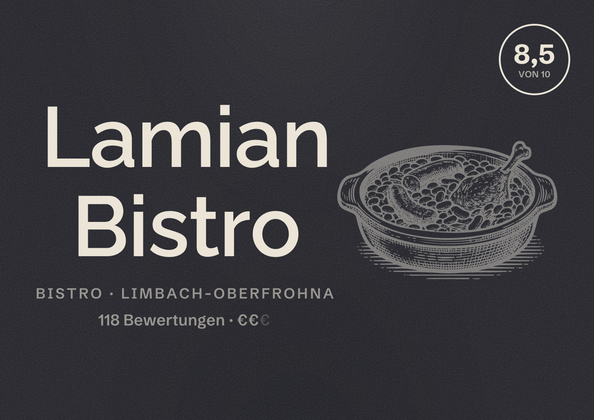 Illustriertes Poster von Lamian Bistro, Bistro in Limbach-Oberfrohna: Bewertung 8,5 von 10 aus 118 Bewertungen, Preisniveau €€