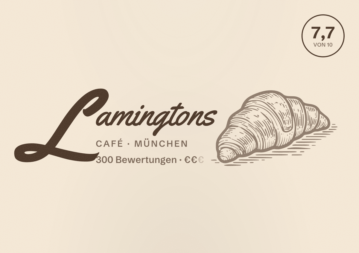Illustriertes Poster von Lamingtons, Café in München: Bewertung 7,7 von 10 aus 300 Bewertungen, Preisniveau €€