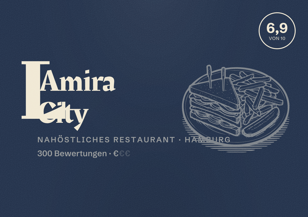 Illustriertes Poster von L'Amira City, Nahöstliches Restaurant in Hamburg: Bewertung 6,9 von 10 aus 300 Bewertungen, Preisniveau €