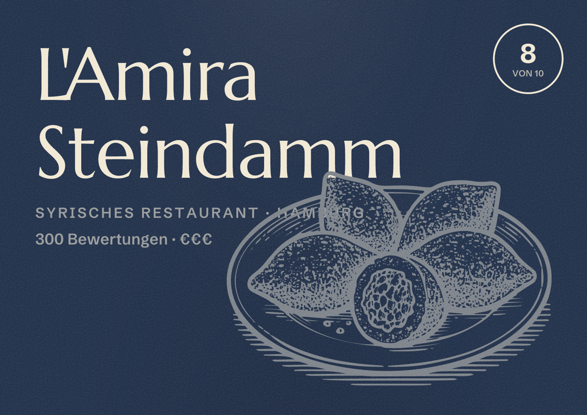 Illustriertes Poster von L'Amira Steindamm, Syrisches Restaurant in Hamburg: Bewertung 8,0 von 10 aus 300 Bewertungen, Preisniveau €€€