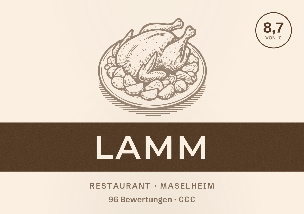 Illustriertes Poster von Lamm, Restaurant in Maselheim: Bewertung 8,7 von 10 aus 96 Bewertungen, Preisniveau €€€