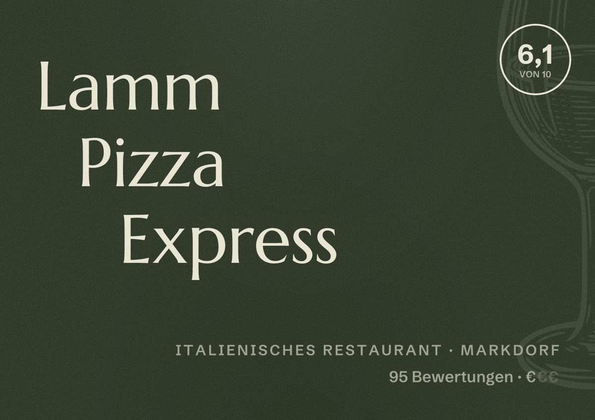 Illustriertes Poster von Lamm Pizza Express, Italienisches Restaurant in Markdorf: Bewertung 6,1 von 10 aus 95 Bewertungen, Preisniveau €