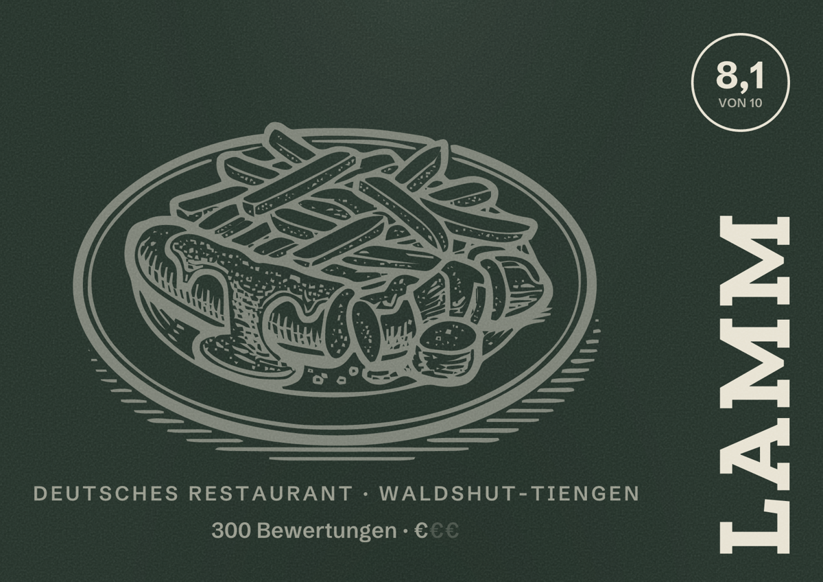 Illustriertes Poster von Lamm, Deutsches Restaurant in Waldshut-Tiengen: Bewertung 8,1 von 10 aus 300 Bewertungen, Preisniveau €