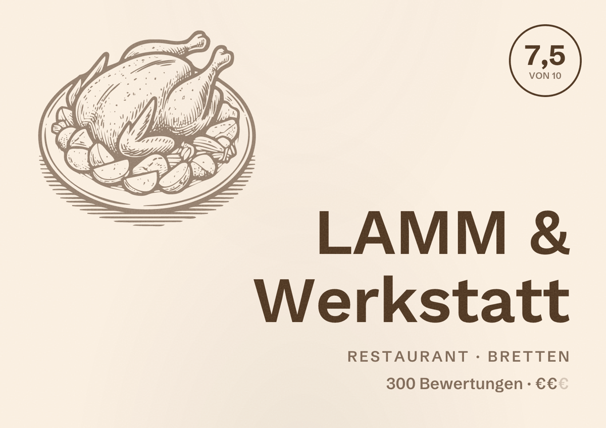 Illustriertes Poster von LAMM & Werkstatt, Restaurant in Bretten: Bewertung 7,5 von 10 aus 300 Bewertungen, Preisniveau €€