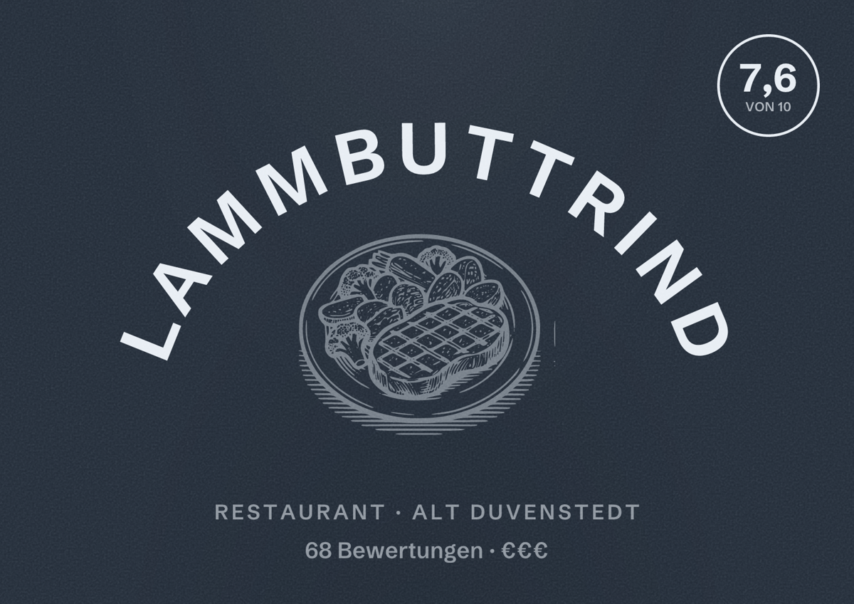 Illustriertes Poster von LammButtRind, Restaurant in Alt Duvenstedt: Bewertung 7,6 von 10 aus 68 Bewertungen, Preisniveau €€€