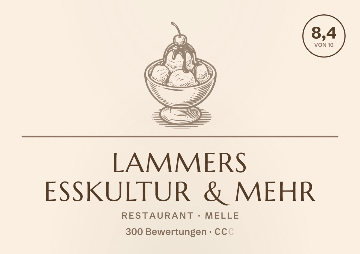 Illustriertes Poster von Lammers Esskultur & mehr, Restaurant in Melle: Bewertung 8,4 von 10 aus 300 Bewertungen, Preisniveau €€