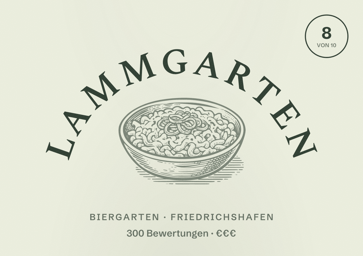 Illustriertes Poster von Lammgarten, Biergarten in Friedrichshafen: Bewertung 8 von 10 aus 300 Bewertungen, Preisniveau €€€