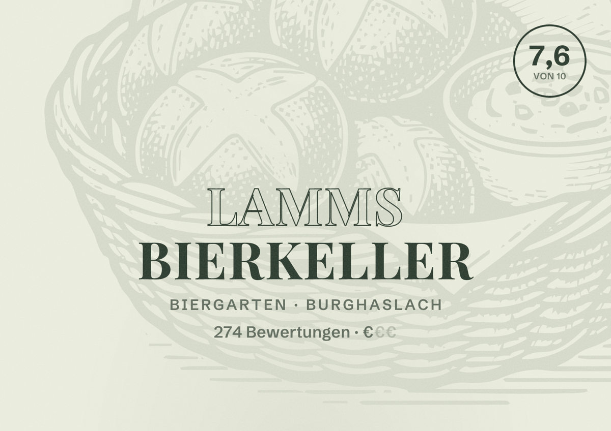 Illustriertes Poster von Lamms Bierkeller, Biergarten in Burghaslach: Bewertung 7,6 von 10 aus 274 Bewertungen, Preisniveau €