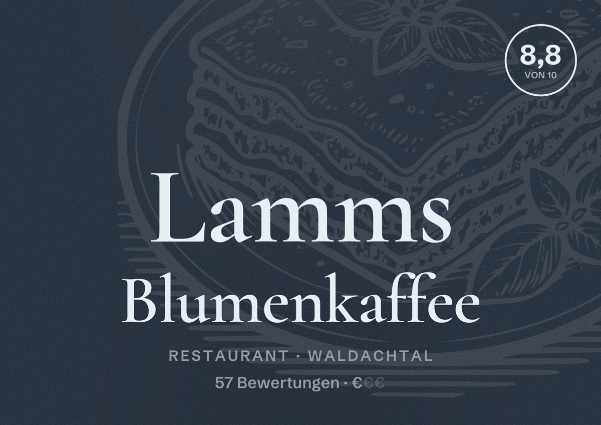 Illustriertes Poster von Lamms Blumenkaffee, Restaurant in Waldachtal: Bewertung 8,8 von 10 aus 57 Bewertungen, Preisniveau €