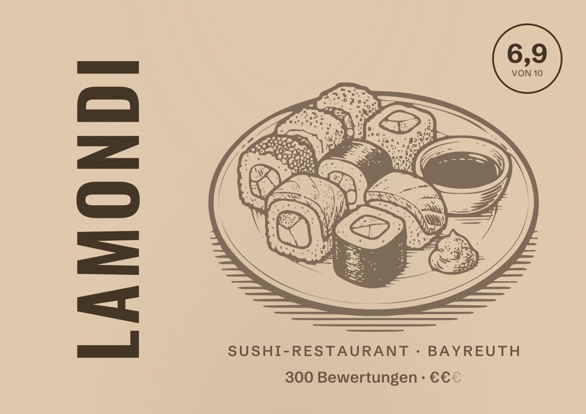 Illustriertes Poster von Lamondi, Sushi-Restaurant in Bayreuth: Bewertung 6,9 von 10 aus 300 Bewertungen, Preisniveau €€