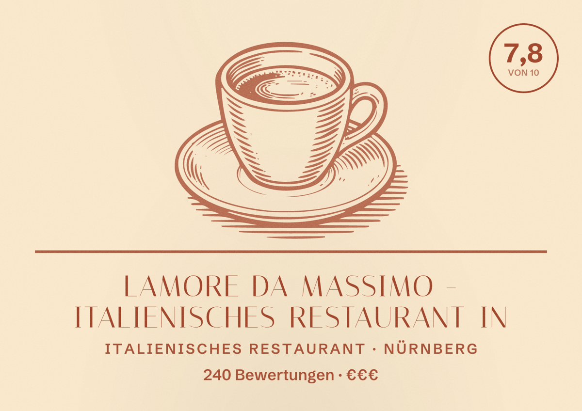Illustriertes Poster von Lamore da Massimo - italienisches Restaurant in, Italienisches Restaurant in Nürnberg: Bewertung 7,8 von 10 aus 240 Bewertungen, Preisniveau €€€