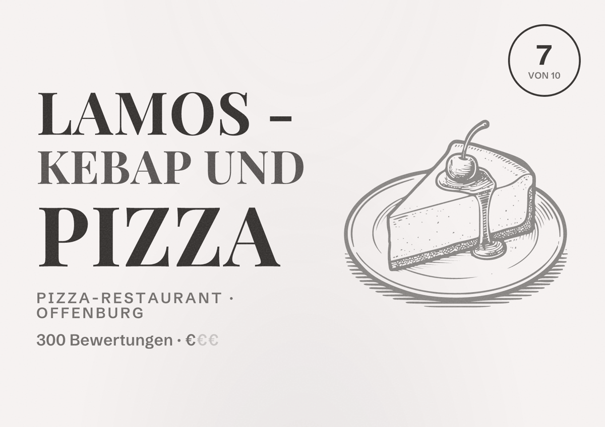 Illustriertes Poster von Lamos - Kebap und Pizza, Pizza-Restaurant in Offenburg: Bewertung 7 von 10 aus 300 Bewertungen, Preisniveau €