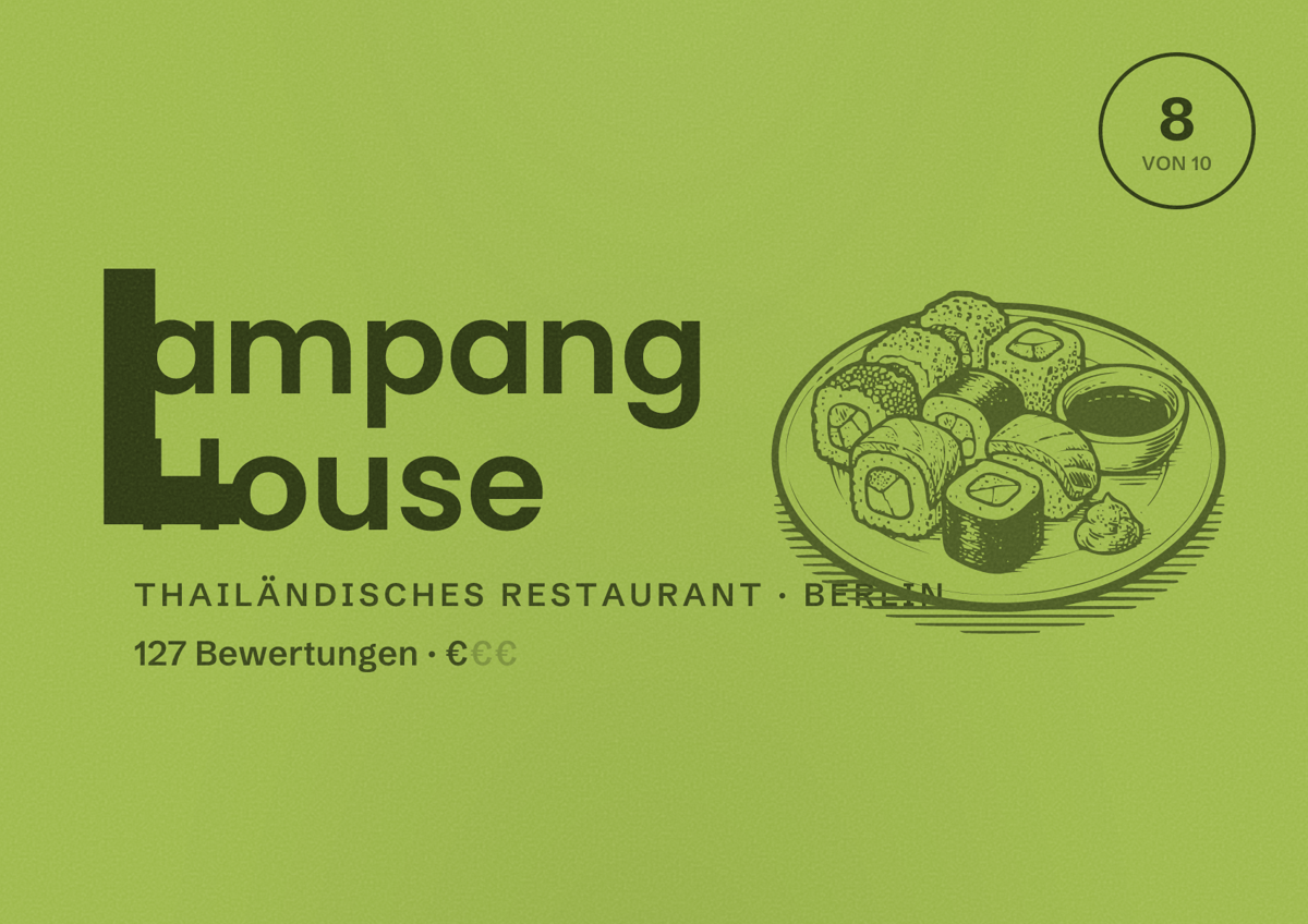 Illustriertes Poster von Lampang House, Thailändisches Restaurant in Berlin: Bewertung 8,0 von 10 aus 127 Bewertungen, Preisniveau €