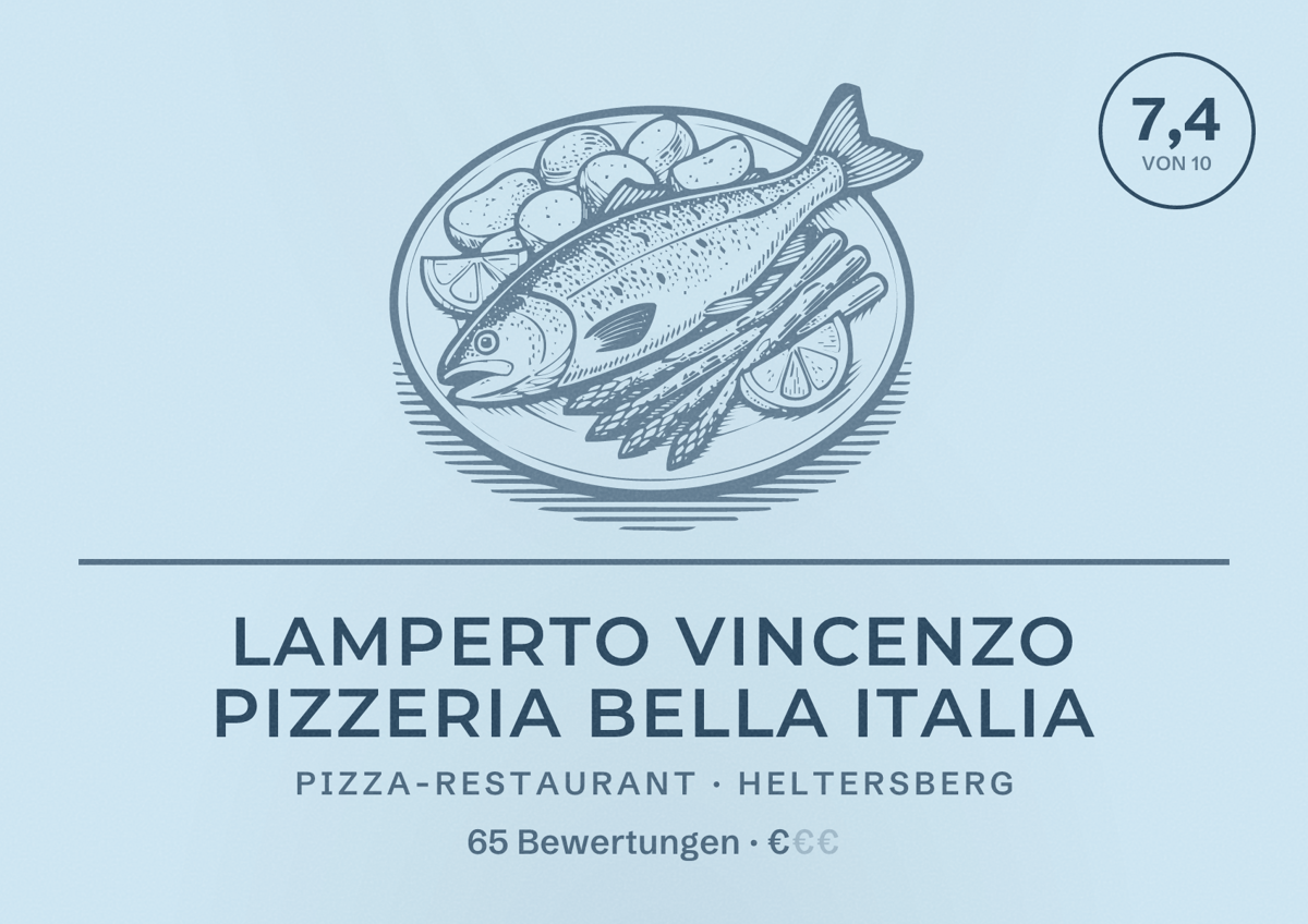 Illustriertes Poster von Lamperto Vincenzo Pizzeria Bella Italia, Pizza-Restaurant in Heltersberg: Bewertung 7,4 von 10 aus 65 Bewertungen, Preisniveau €
