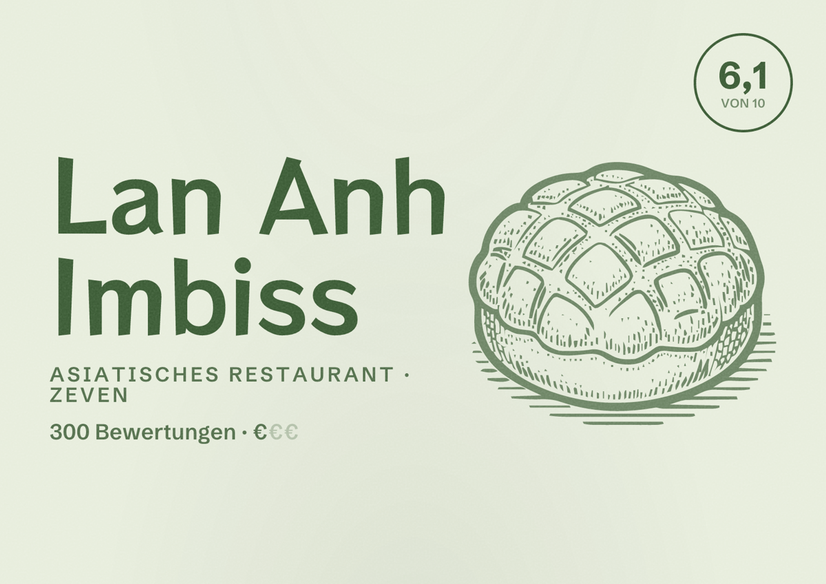 Illustriertes Poster von Lan Anh Imbiss, Asiatisches Restaurant in Zeven: Bewertung 6,1 von 10 aus 300 Bewertungen, Preisniveau €