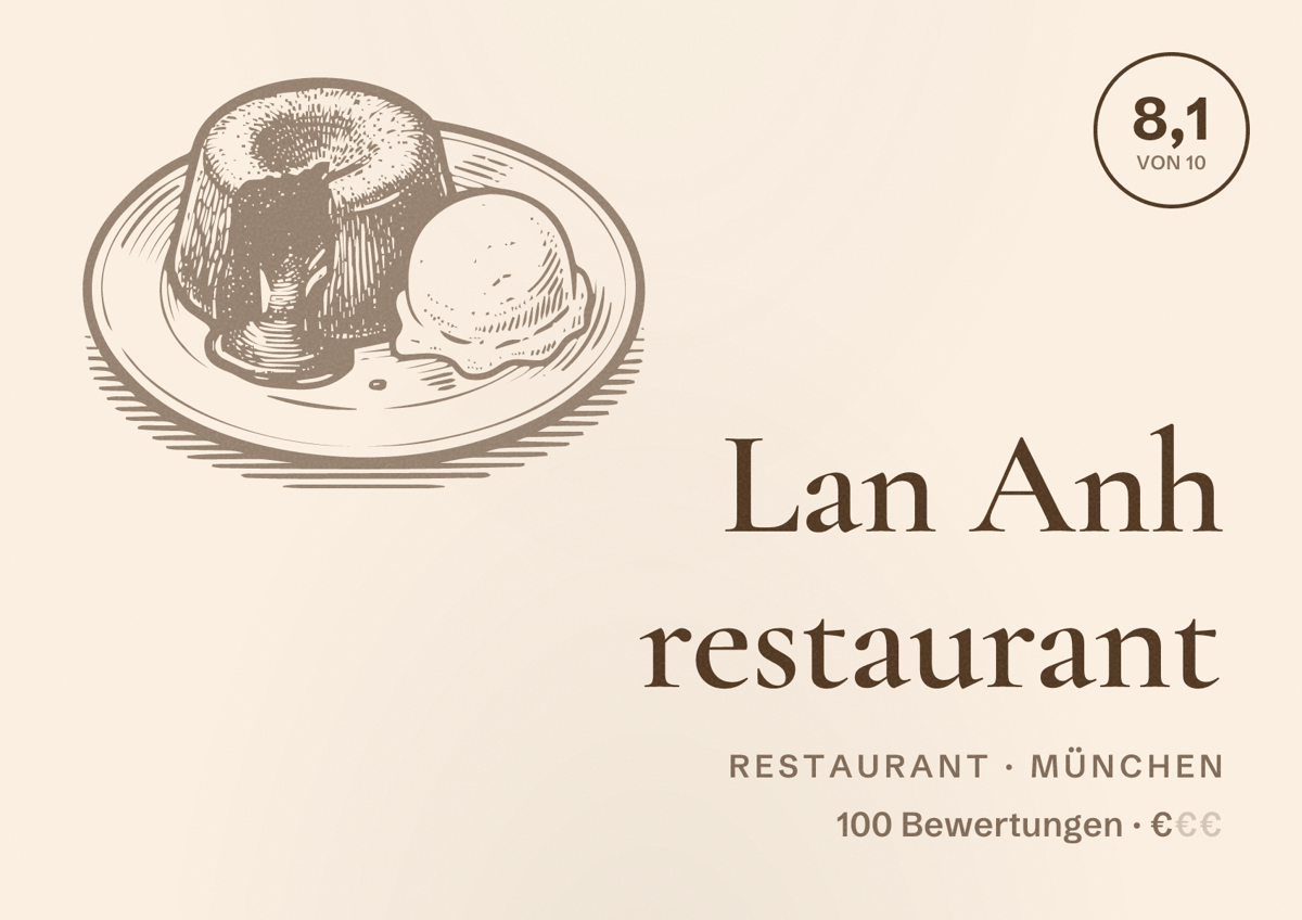 Illustriertes Poster von Lan Anh restaurant, Restaurant in München: Bewertung 8,1 von 10 aus 100 Bewertungen, Preisniveau €