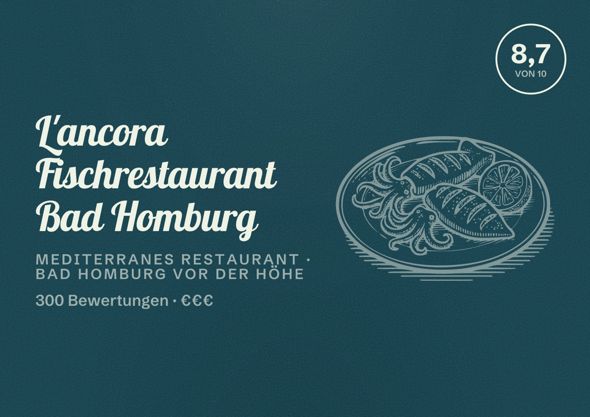 Illustriertes Poster von L'ancora Fischrestaurant Bad Homburg, Mediterranes Restaurant in Bad Homburg vor der Höhe: Bewertung 8,7 von 10 aus 300 Bewertungen, Preisniveau €€€