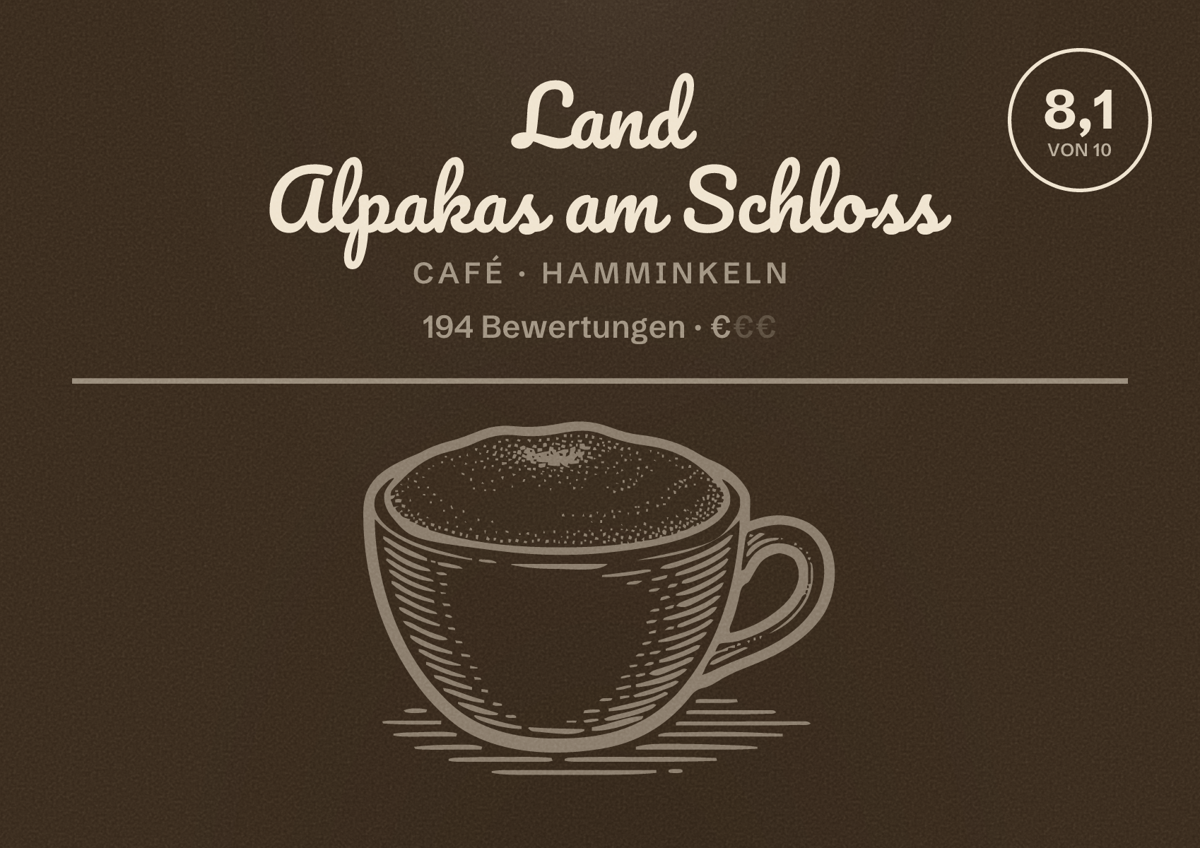 Illustriertes Poster von Land Alpakas am Schloss, Café in Hamminkeln: Bewertung 8,1 von 10 aus 194 Bewertungen, Preisniveau €