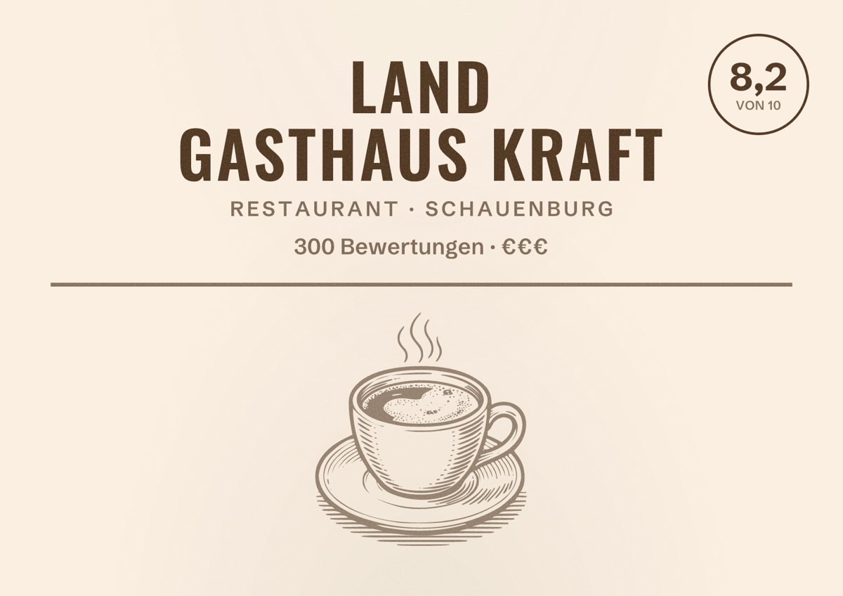 Illustriertes Poster von Land Gasthaus Kraft, Restaurant in Schauenburg: Bewertung 8,2 von 10 aus 300 Bewertungen, Preisniveau €€€