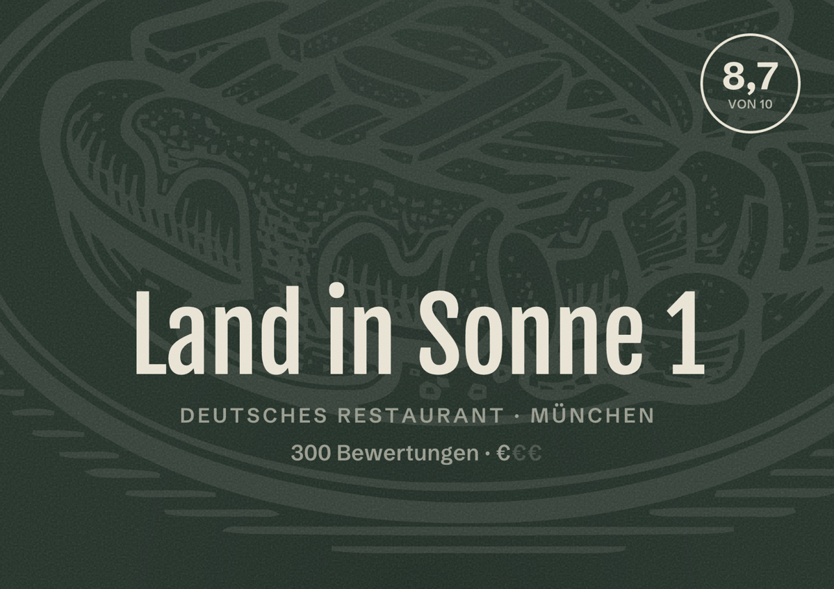 Illustriertes Poster von Land in Sonne 1, Deutsches Restaurant in München: Bewertung 8,7 von 10 aus 300 Bewertungen, Preisniveau €