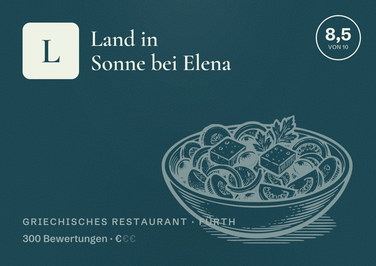 Illustriertes Poster von Land in Sonne bei Elena, Griechisches Restaurant in Fürth: Bewertung 8,5 von 10 aus 300 Bewertungen, Preisniveau €
