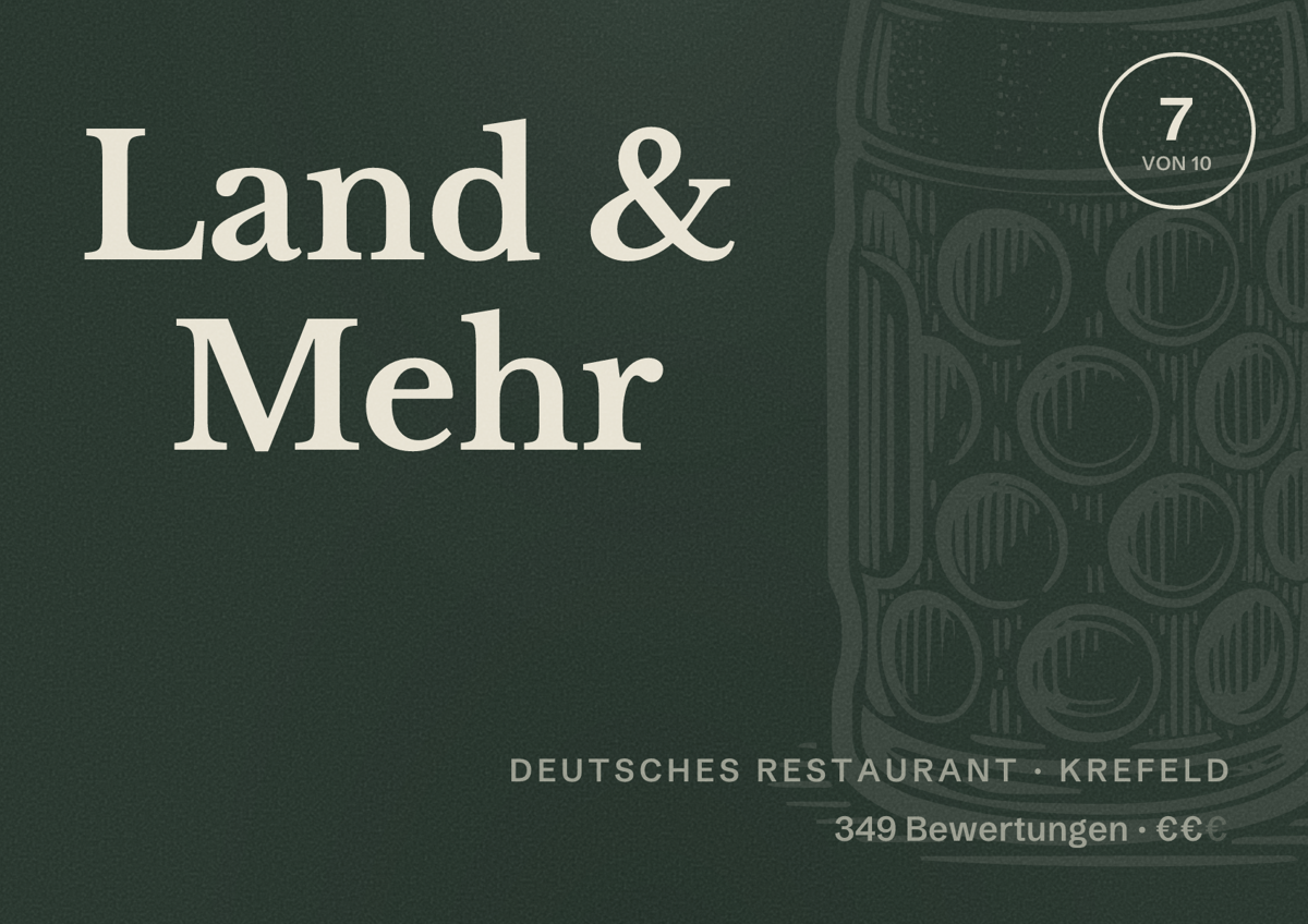 Illustriertes Poster von Land & Mehr, Deutsches Restaurant in Krefeld: Bewertung 7 von 10 aus 349 Bewertungen, Preisniveau €€
