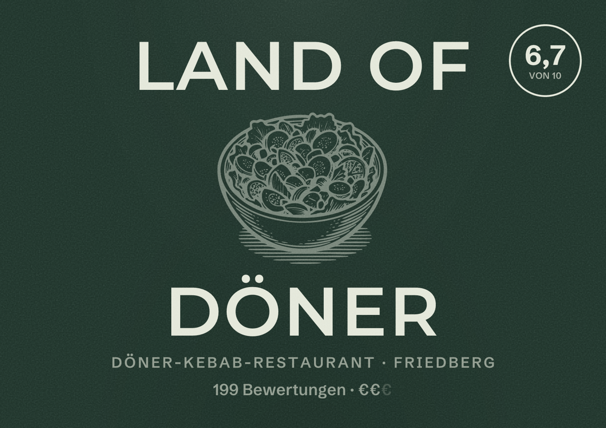 Illustriertes Poster von Land of Döner, Döner-Kebab-Restaurant in Friedberg: Bewertung 6,7 von 10 aus 199 Bewertungen, Preisniveau €€