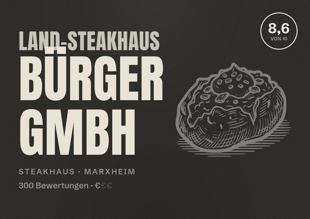 Illustriertes Poster von Land-Steakhaus Bürger GmbH, Steakhaus in Marxheim: Bewertung 8,6 von 10 aus 300 Bewertungen, Preisniveau €