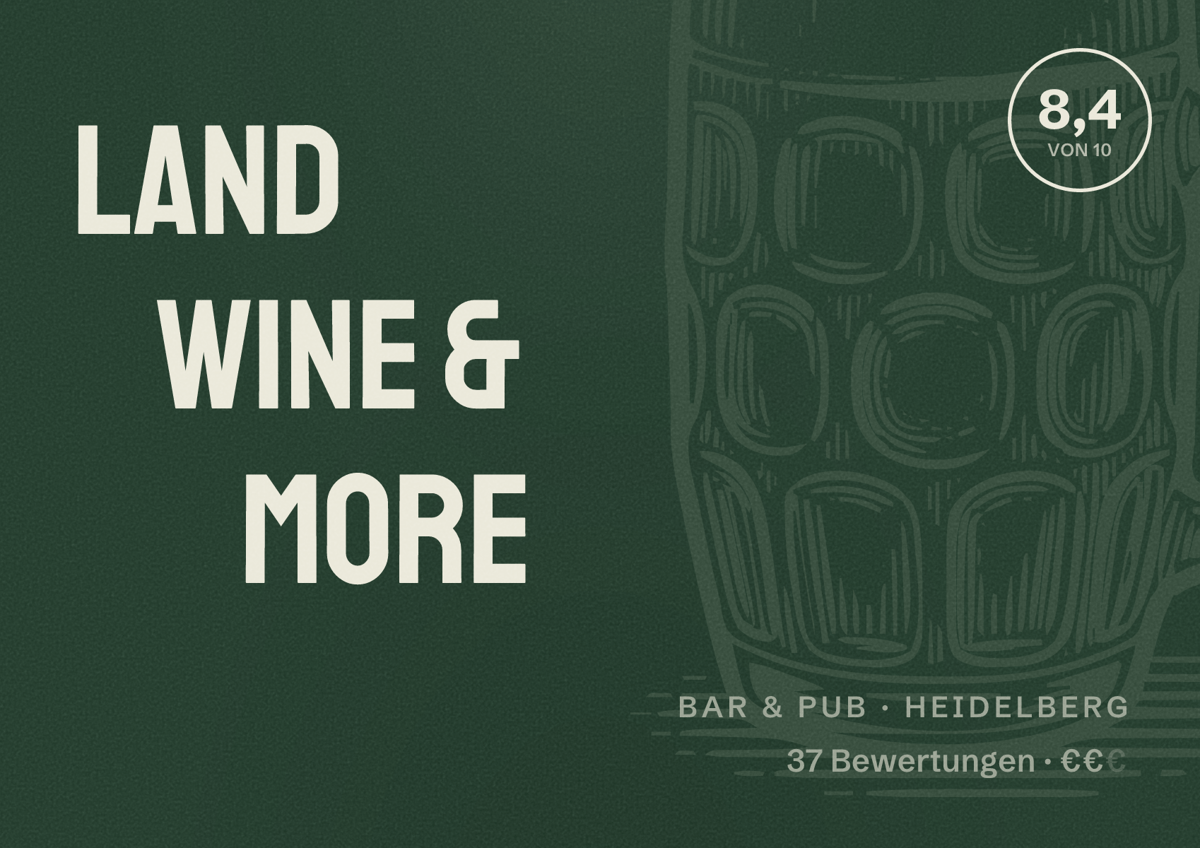 Illustriertes Poster von Land Wine & More, Bar & Pub in Heidelberg: Bewertung 8,4 von 10 aus 37 Bewertungen, Preisniveau €€