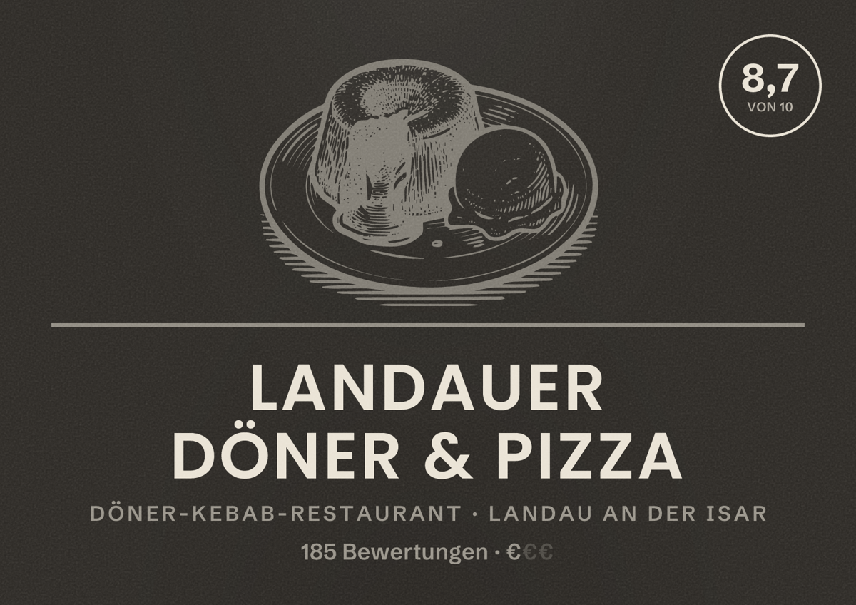 Illustriertes Poster von Landauer Döner & Pizza, Döner-Kebab-Restaurant in Landau an der Isar: Bewertung 8,7 von 10 aus 185 Bewertungen, Preisniveau €
