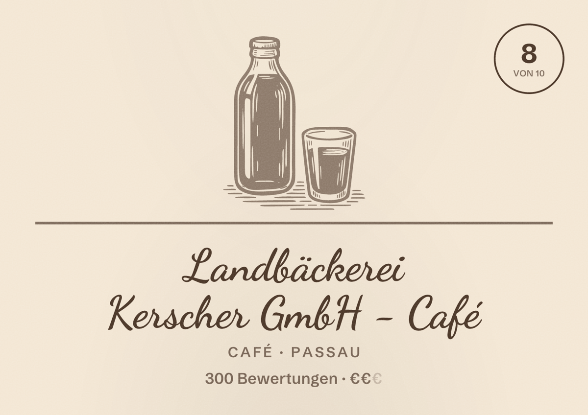 Illustriertes Poster von Landbäckerei Kerscher GmbH - Café, Café in Passau: Bewertung 8 von 10 aus 300 Bewertungen, Preisniveau €€