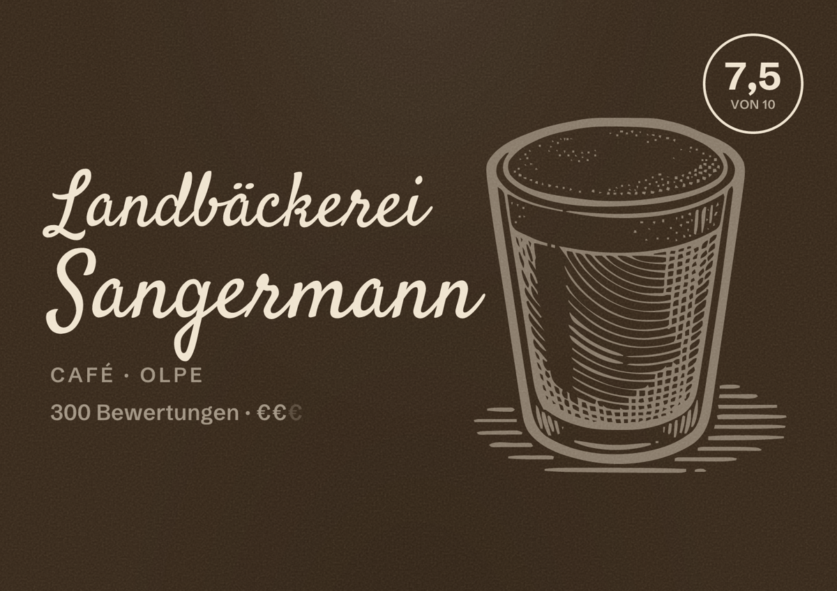 Illustriertes Poster von Landbäckerei Sangermann, Café in Olpe: Bewertung 7,5 von 10 aus 300 Bewertungen, Preisniveau €€