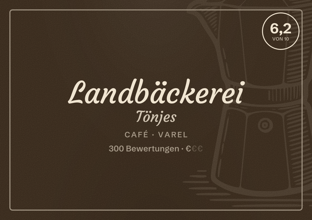 Illustriertes Poster von Landbäckerei Tönjes, Café in Varel: Bewertung 6,2 von 10 aus 300 Bewertungen, Preisniveau €