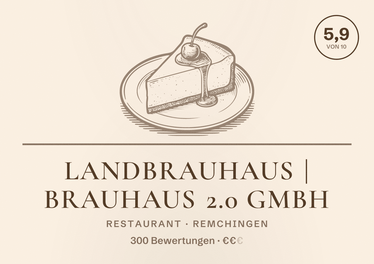 Illustriertes Poster von LandBrauHaus | Brauhaus 2.0 GmbH, Restaurant in Remchingen: Bewertung 5,9 von 10 aus 300 Bewertungen, Preisniveau €€