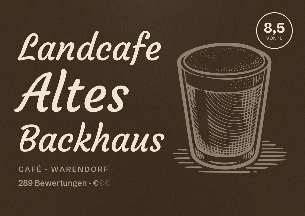 Illustriertes Poster von Landcafe Altes Backhaus, Café in Warendorf: Bewertung 8,5 von 10 aus 289 Bewertungen, Preisniveau €