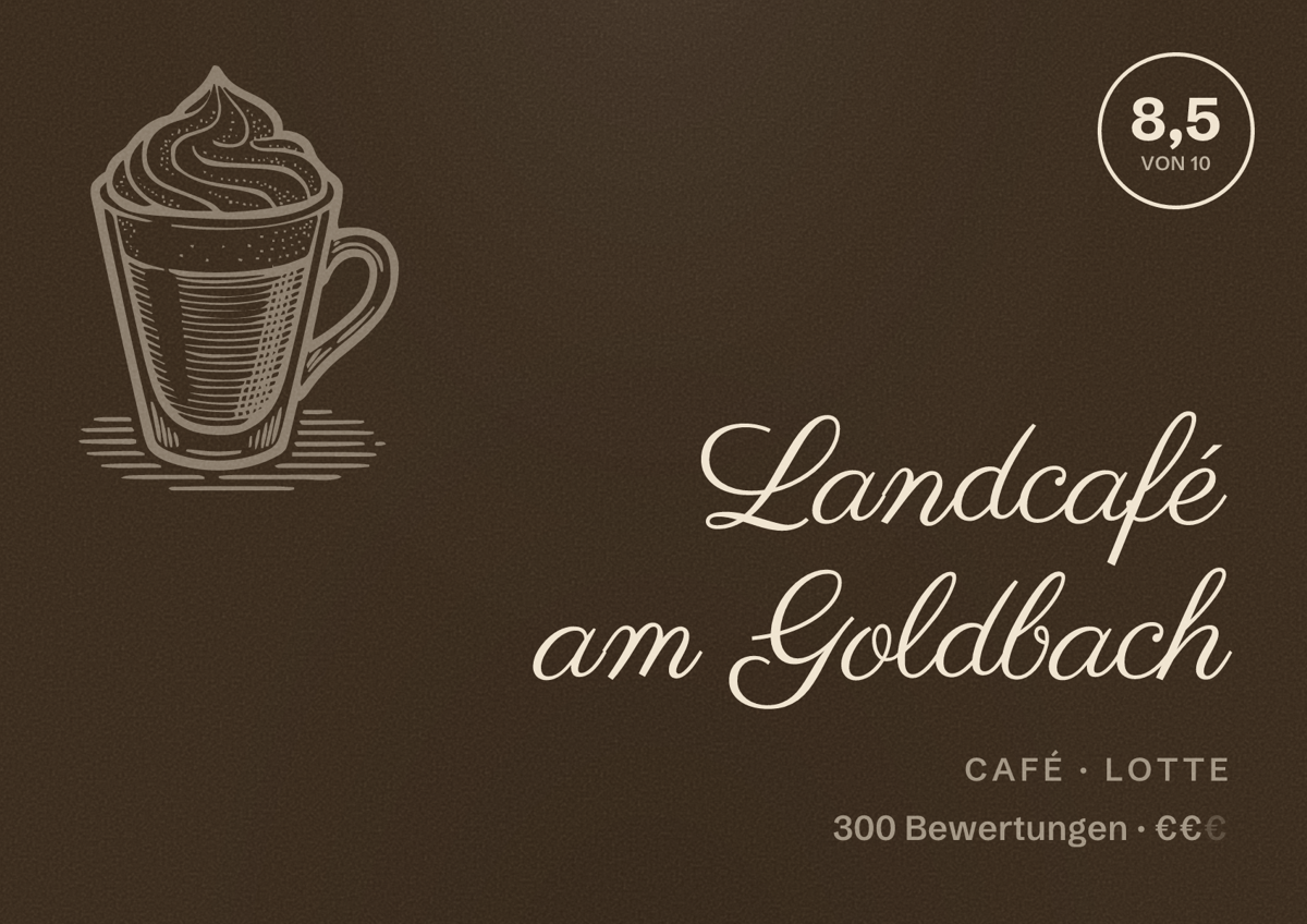 Illustriertes Poster von Landcafé am Goldbach, Café in Lotte: Bewertung 8,5 von 10 aus 300 Bewertungen, Preisniveau €€
