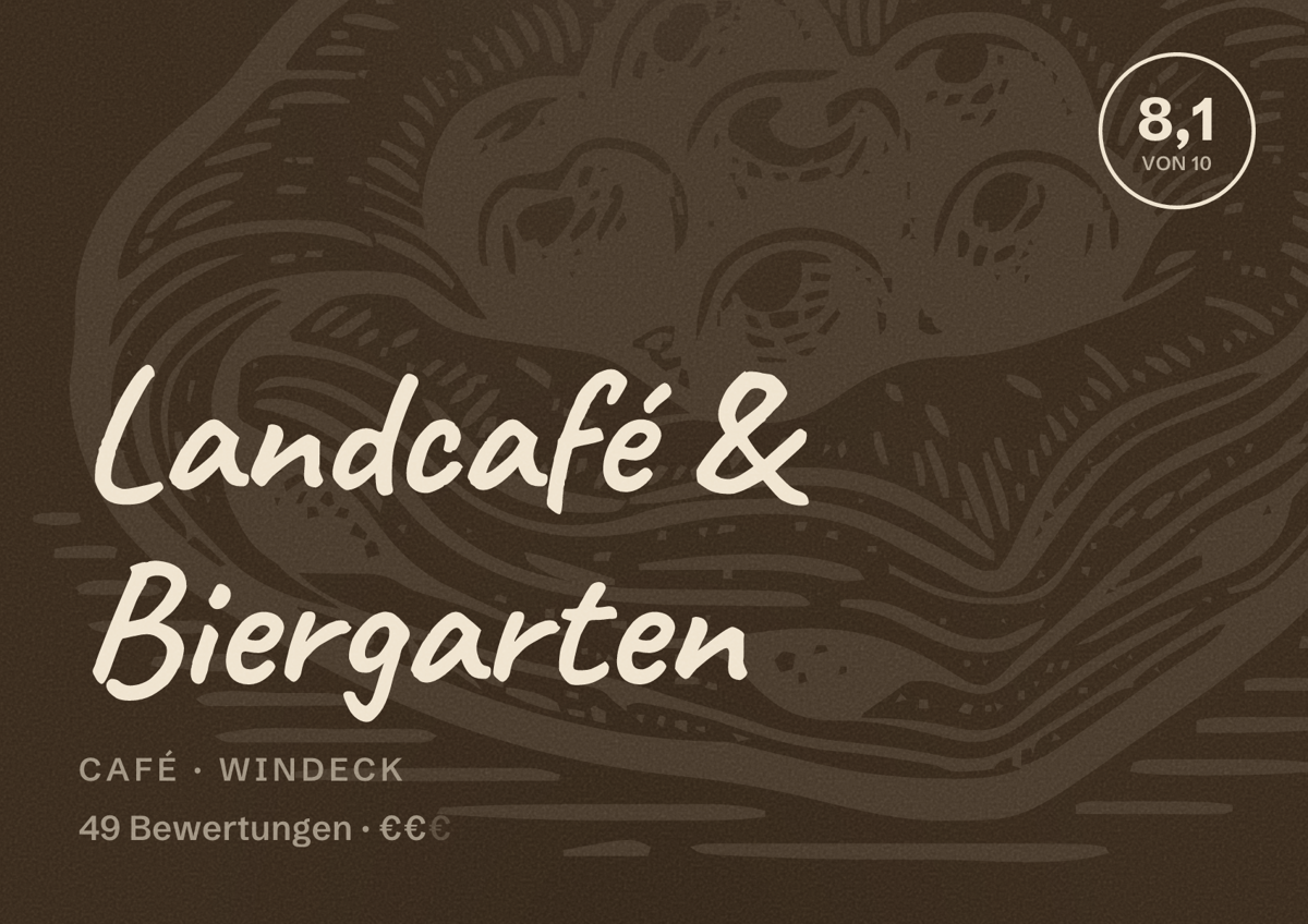 Illustriertes Poster von Landcafé & Biergarten, Café in Windeck: Bewertung 8,1 von 10 aus 49 Bewertungen, Preisniveau €€