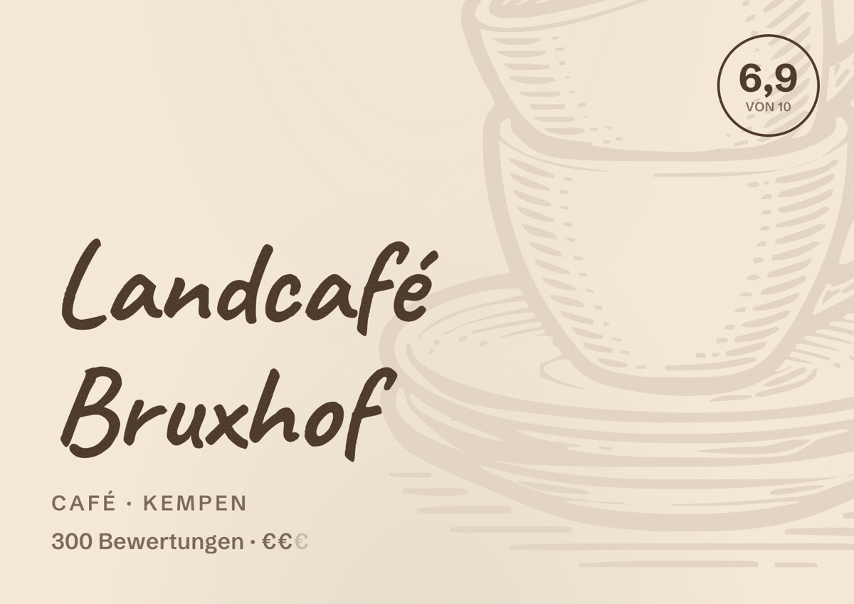 Illustriertes Poster von Landcafé Bruxhof, Café in Kempen: Bewertung 6,9 von 10 aus 300 Bewertungen, Preisniveau €€