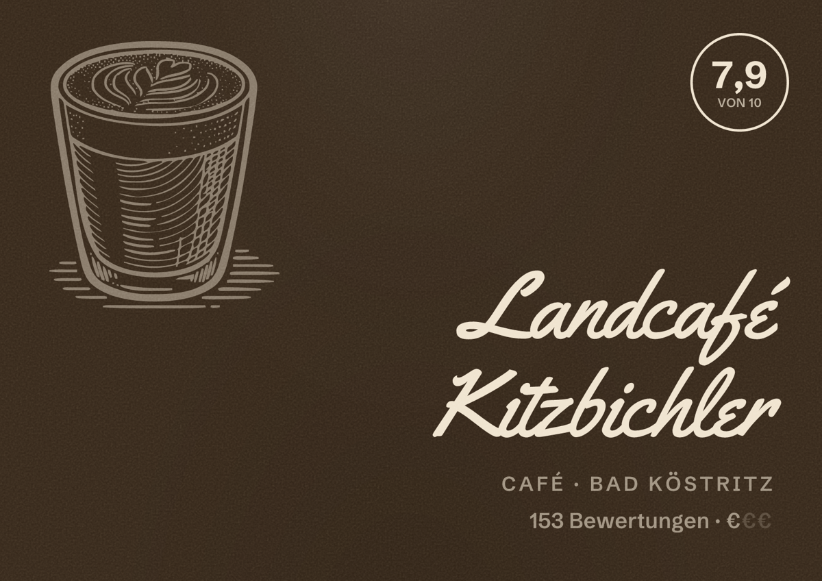 Illustriertes Poster von Landcafé Kitzbichler, Café in Bad Köstritz: Bewertung 7,9 von 10 aus 153 Bewertungen, Preisniveau €