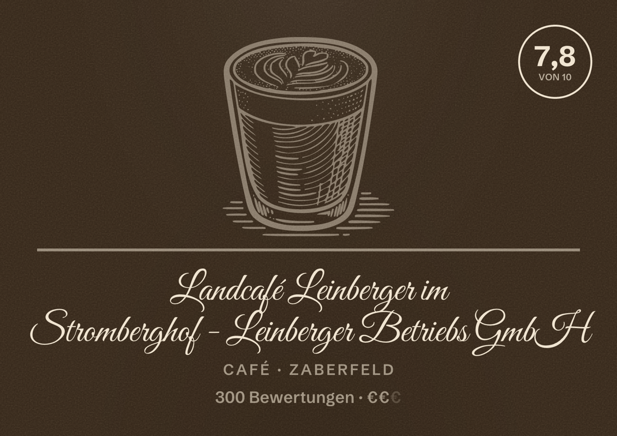 Illustriertes Poster von Landcafé Leinberger im Stromberghof - Leinberger Betriebs GmbH, Café in Zaberfeld: Bewertung 7,8 von 10 aus 300 Bewertungen, Preisniveau €€