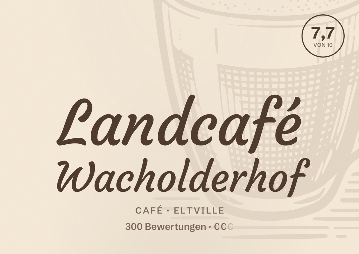 Illustriertes Poster von Landcafé Wacholderhof, Café in Eltville: Bewertung 7,7 von 10 aus 300 Bewertungen, Preisniveau €€