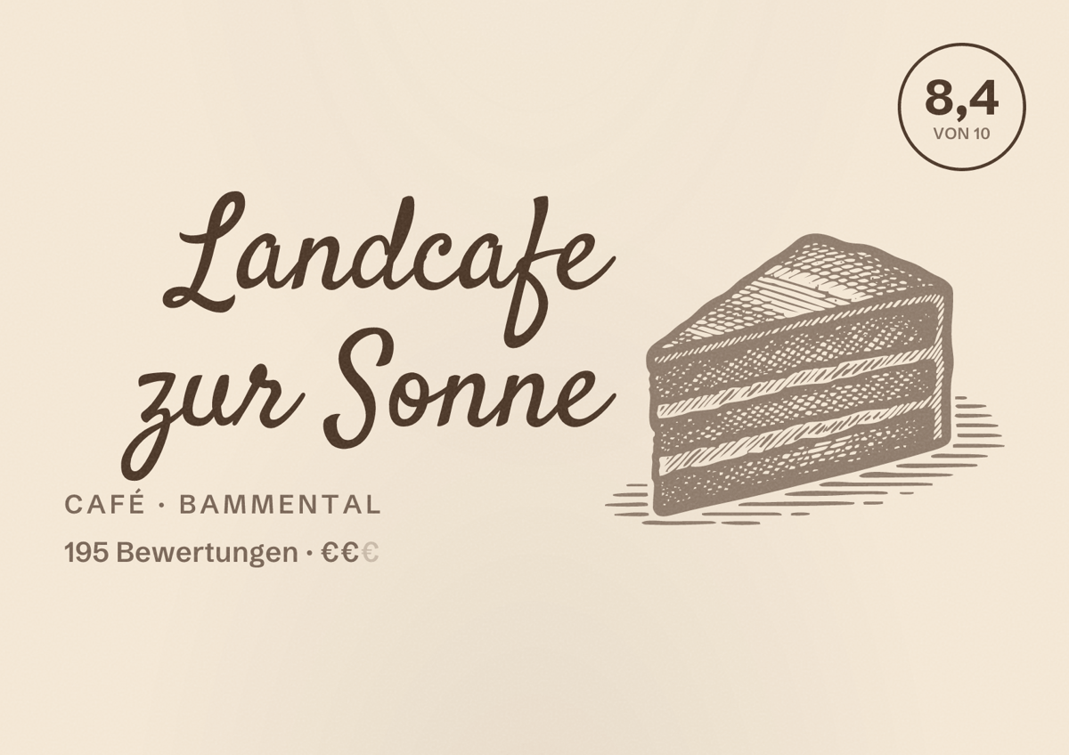 Illustriertes Poster von Landcafe zur Sonne, Café in Bammental: Bewertung 8,4 von 10 aus 195 Bewertungen, Preisniveau €€