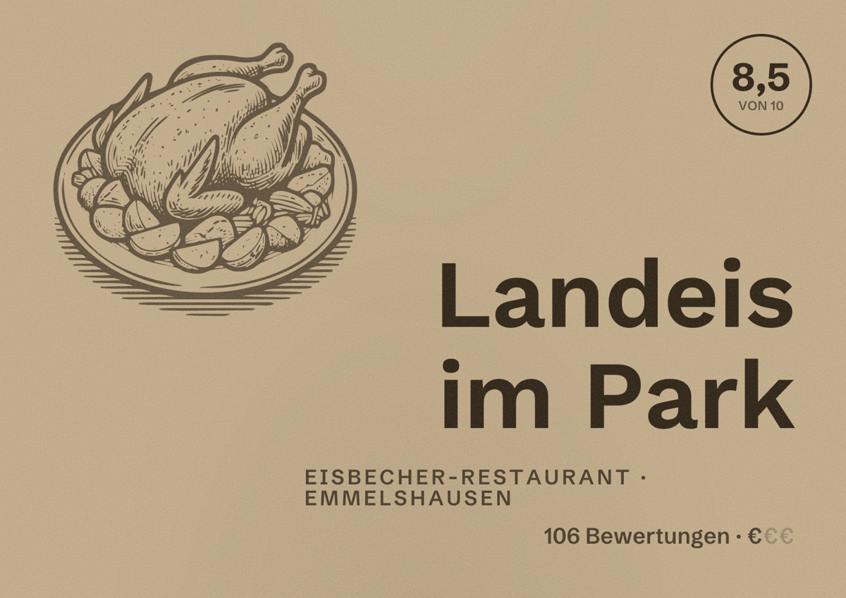 Illustriertes Poster von Landeis im Park, Eisbecher-Restaurant in Emmelshausen: Bewertung 8,5 von 10 aus 106 Bewertungen, Preisniveau €