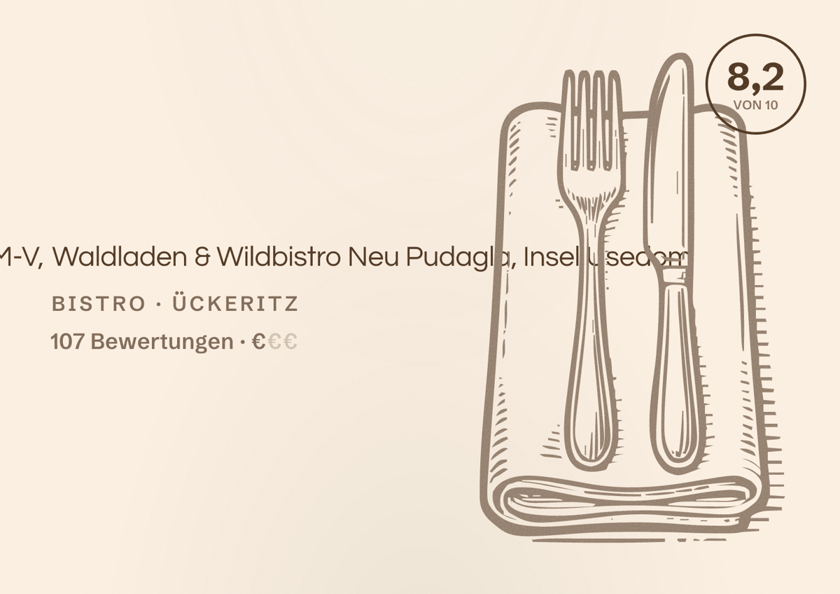 Illustriertes Poster von Landesforst M-V, Waldladen & Wildbistro Neu Pudagla, Insel Usedom, Bistro in Ückeritz: Bewertung 8,2 von 10 aus 107 Bewertungen, Preisniveau €